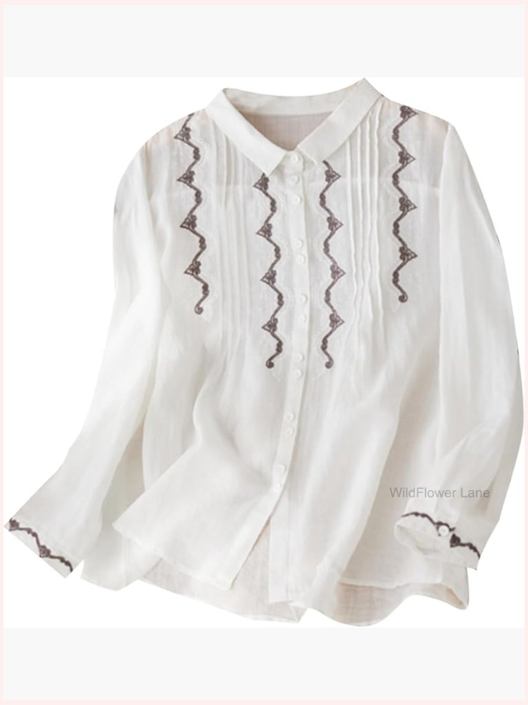 Cotton Linen Tunic Blouse Button Down Stand Collar 3/4 Sleeve